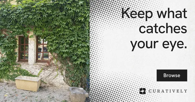 Social ad for Curatively: "Keep what catches your eye." Split block style, right layout, light palette in green, grey, white.