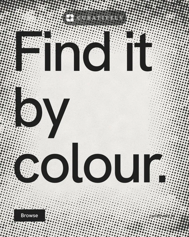 Instagram portrait post for Curatively: "Find it by colour." Swiss style, poster layout, light palette in grey, white.