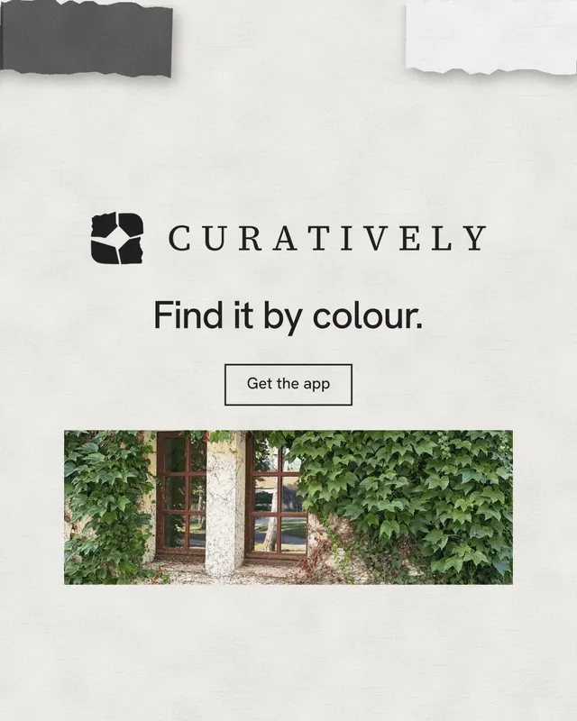 Instagram portrait post for Curatively: "Find it by colour." Editorial style, logo hero layout, light palette in white, grey.