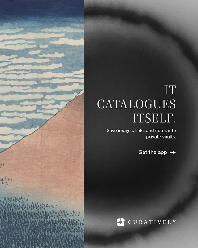 Instagram portrait post for Curatively: "It catalogues itself." Minimal luxury style, right layout, dark palette in black, grey.
