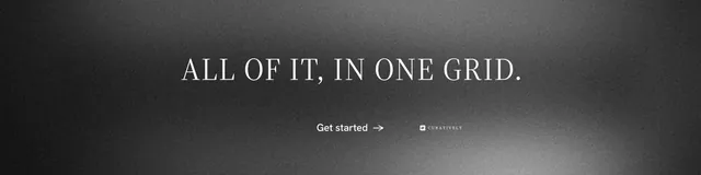 LinkedIn banner for Curatively: "All of it, in one grid." Minimal luxury style, centred layout, dark palette in grey, black.