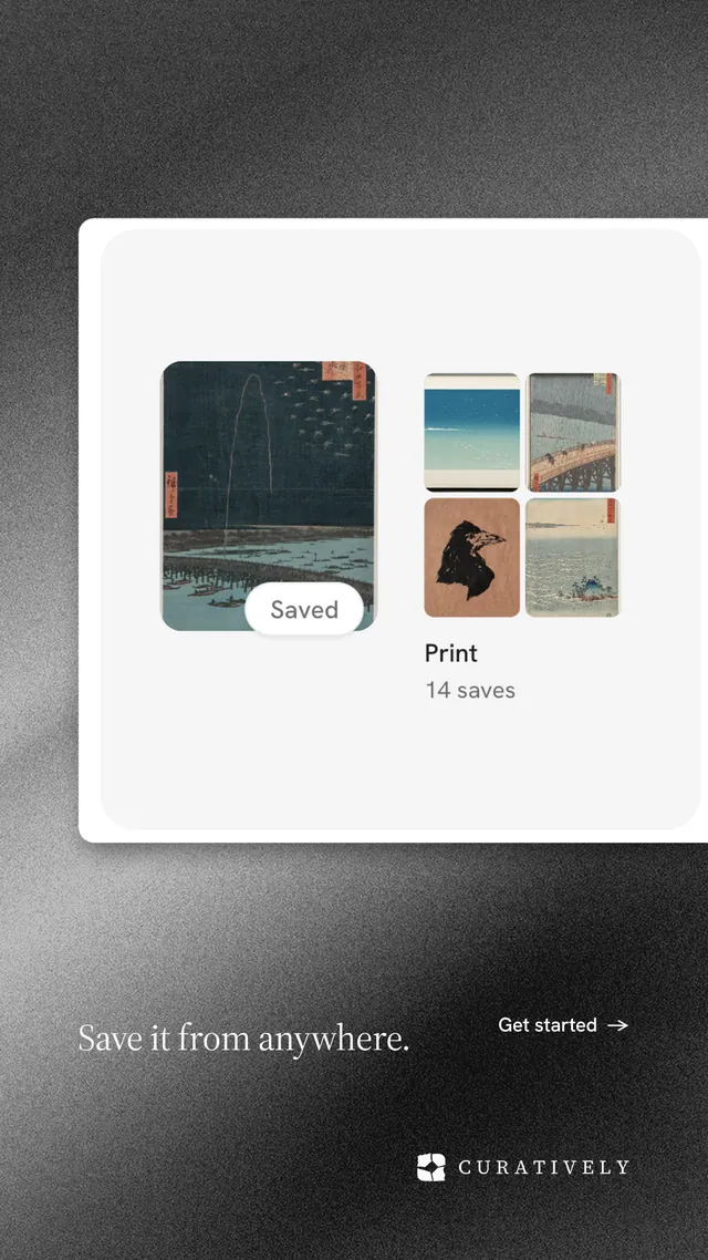 Instagram story for Curatively: "Save it from anywhere." Minimal luxury style, image led layout, light palette in grey, white, black.