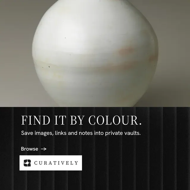 Instagram post for Curatively: "Find it by colour." Minimal luxury style, bottom layout, dark palette in grey, black.