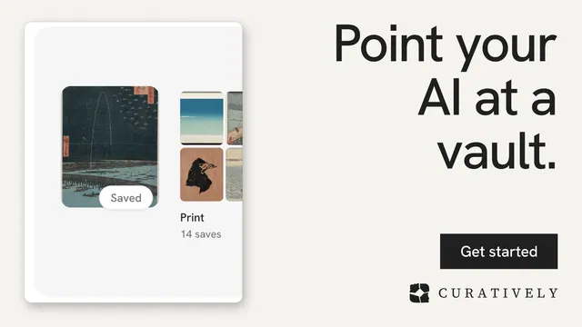 Landscape graphic for Curatively: "Point your AI at a vault." Swiss style, right layout, light palette in white, grey.