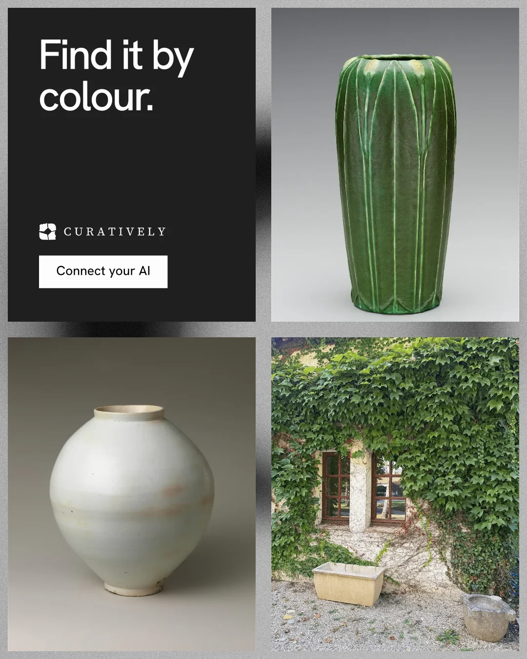 Instagram portrait post for Curatively: "Find it by colour." Swiss style, collage layout, light palette in grey, black, white.