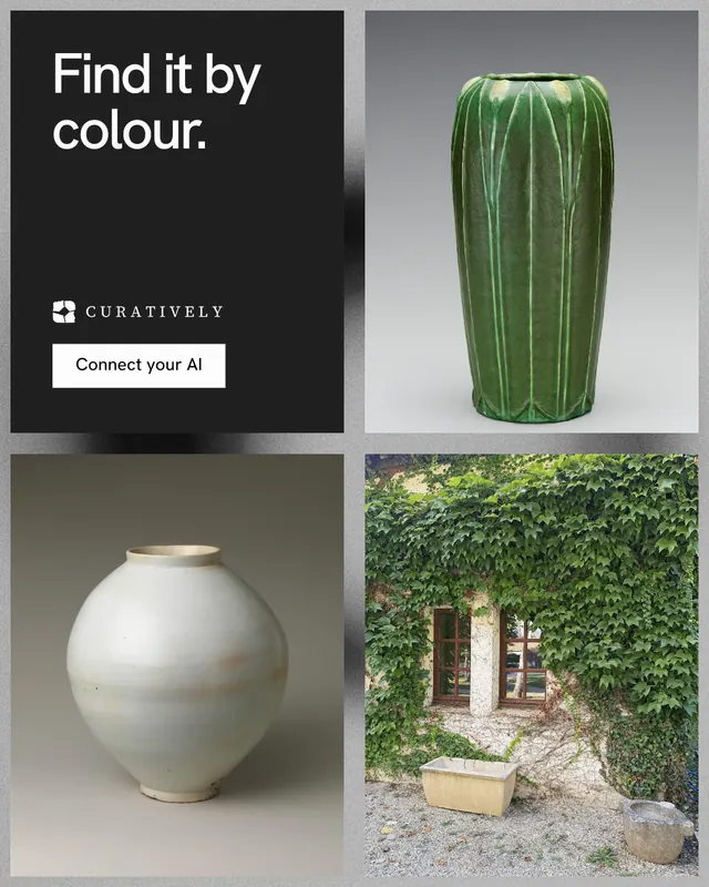 Instagram portrait post for Curatively: "Find it by colour." Swiss style, collage layout, light palette in grey, black, white.