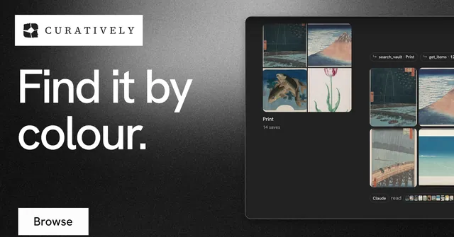 Social ad for Curatively: "Find it by colour." Swiss style, bottom layout, dark palette in grey, black.