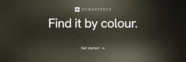 X header for Curatively: "Find it by colour." Minimal luxury style, centred layout, dark palette in black, grey.