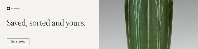 LinkedIn banner for Curatively: "Saved, sorted and yours." Editorial style, bottom layout, light palette in white, grey, green.