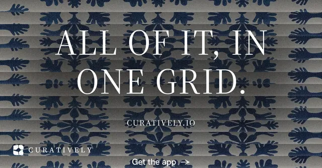 Social ad for Curatively: "All of it, in one grid." Minimal luxury style, smallcaps layout, dark palette in grey, blue.