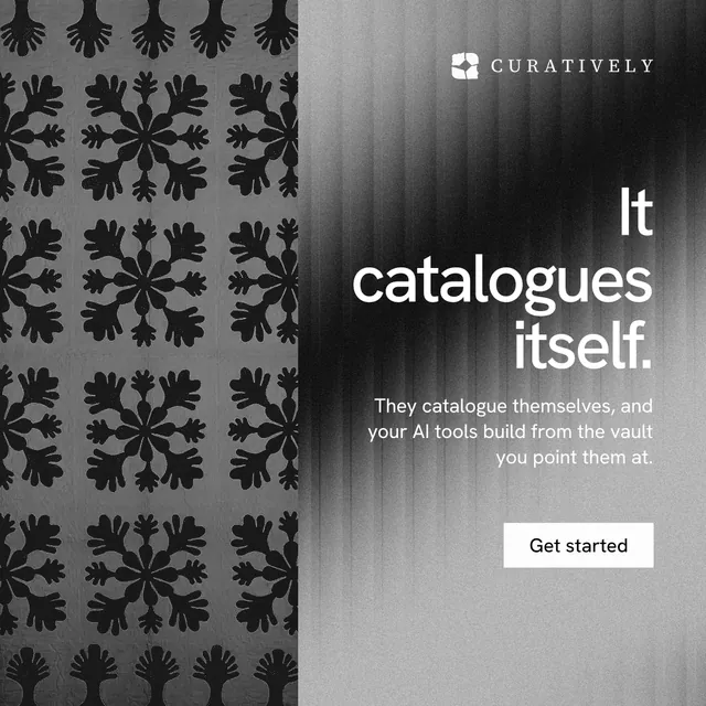 Instagram post for Curatively: "It catalogues itself." Swiss style, right layout, dark palette in black, grey.