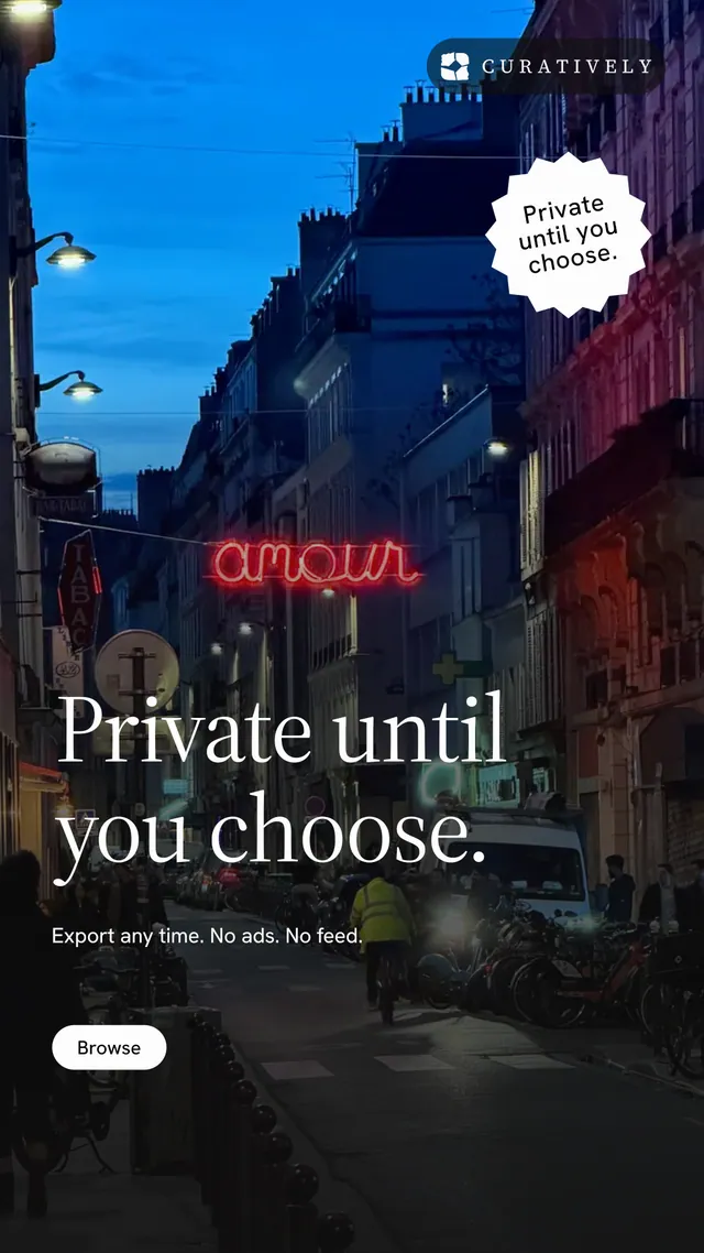 Instagram story for Curatively: "Private until you choose." Photo poster style, sticker layout, dark palette in black, blue.