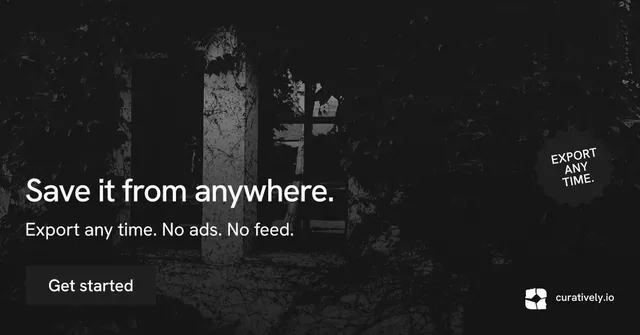 Social ad for Curatively: "Save it from anywhere." Swiss style, sticker layout, dark palette in black.