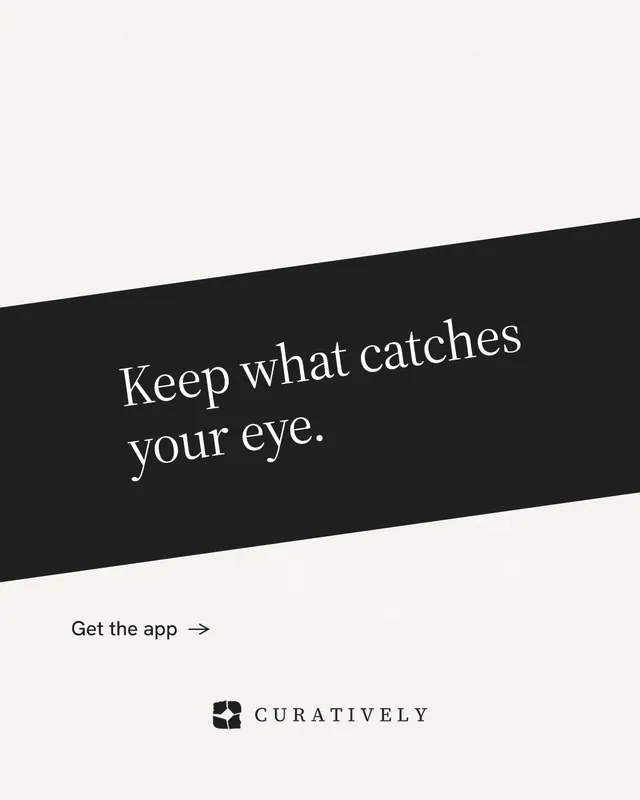 Instagram portrait post for Curatively: "Keep what catches your eye." Minimal luxury style, diagonal layout, light palette in white, black.