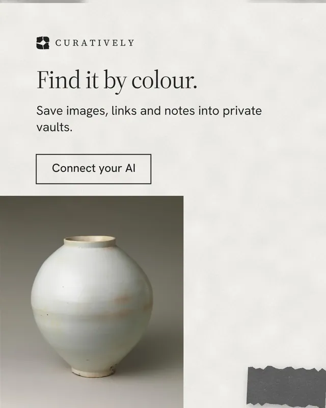 Instagram portrait post for Curatively: "Find it by colour." Editorial style, skeleton layout, light palette in white, grey.