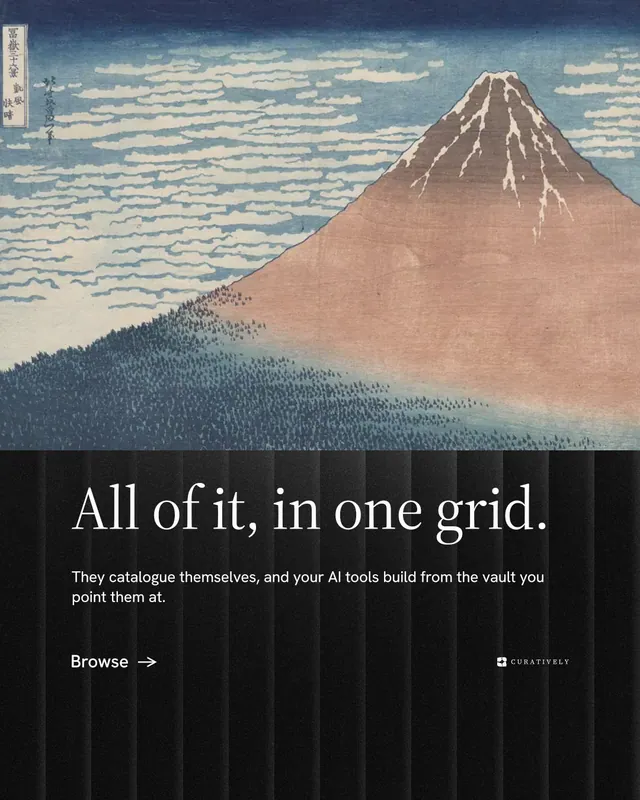 Instagram portrait post for Curatively: "All of it, in one grid." Minimal luxury style, bottom layout, dark palette in black, grey.