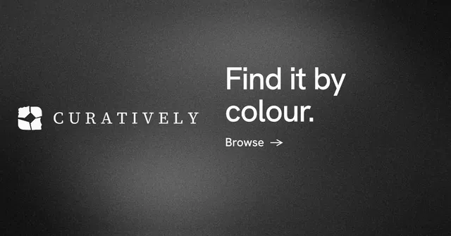 Social ad for Curatively: "Find it by colour." Minimal luxury style, logo hero layout, dark palette in black, grey.