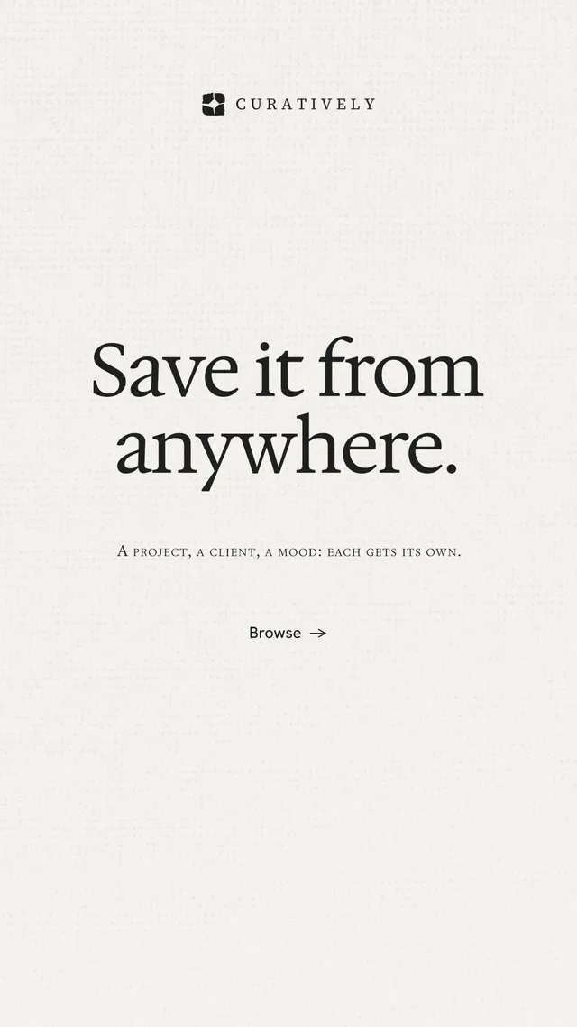 Instagram story for Curatively: "Save it from anywhere." Minimal luxury style, smallcaps layout, light palette in white.