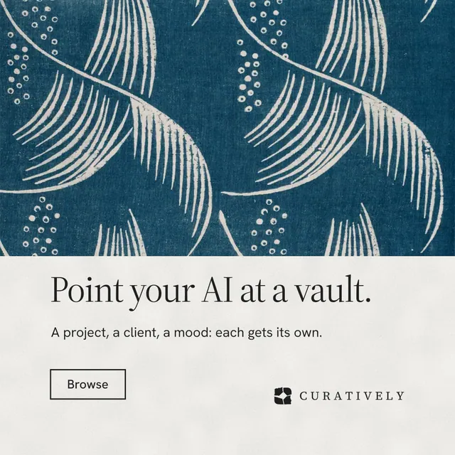 Instagram post for Curatively: "Point your AI at a vault." Editorial style, bottom layout, light palette in blue, white, grey.