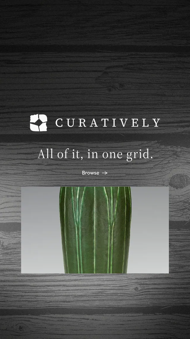 Instagram story for Curatively: "All of it, in one grid." Minimal luxury style, logo hero layout, dark palette in grey, black.