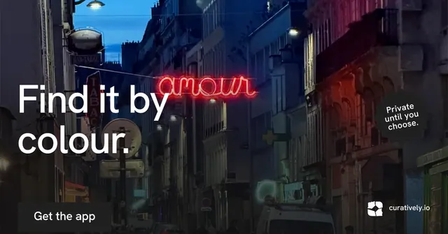 Social ad for Curatively: "Find it by colour." Swiss style, sticker layout, dark palette in black, red, grey.