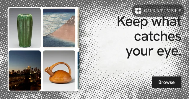 Social ad for Curatively: "Keep what catches your eye." Split block style, right layout, light palette in grey, white.