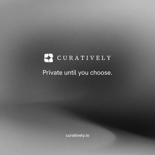 Instagram post for Curatively: "Private until you choose." Minimal luxury style, end card layout, dark palette in grey, black.