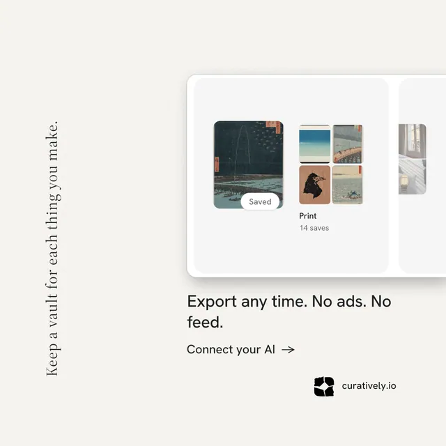 Instagram post for Curatively: "Keep a vault for each thing you make." Minimal luxury style, vertical layout, light palette in white, grey.