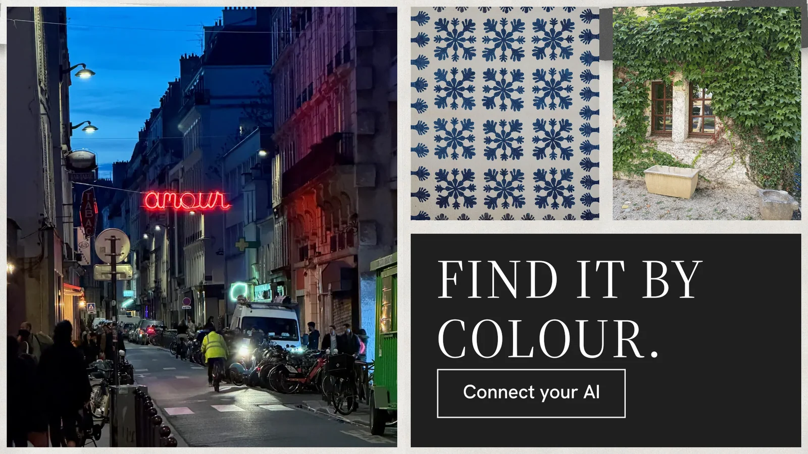 Landscape graphic for Curatively: "Find it by colour." Editorial style, collage layout, dark palette in grey, black.