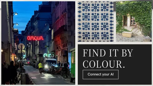 Landscape graphic for Curatively: "Find it by colour." Editorial style, collage layout, dark palette in grey, black.