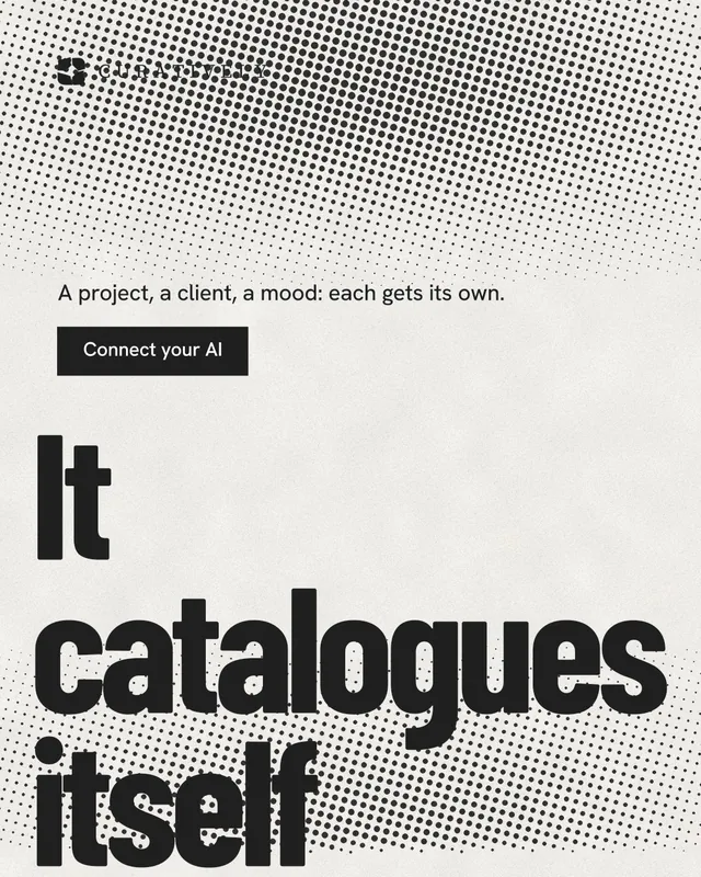Instagram portrait post for Curatively: "Private until you choose." Retro print style, oversized layout, light palette in grey, white.