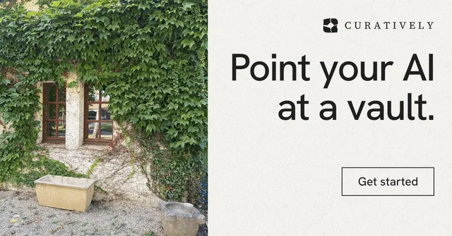 Social ad for Curatively: "Point your AI at a vault." Editorial style, right layout, light palette in white, green, grey.