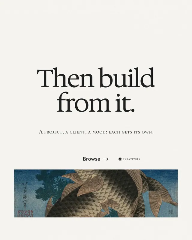 Instagram portrait post for Curatively: "Then build from it." Swiss style, smallcaps layout, light palette in white, grey.