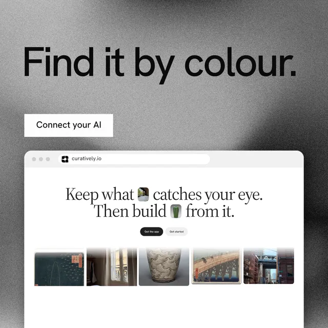 Instagram post for Curatively: "Find it by colour." Swiss style, browser layout, light palette in grey, white.