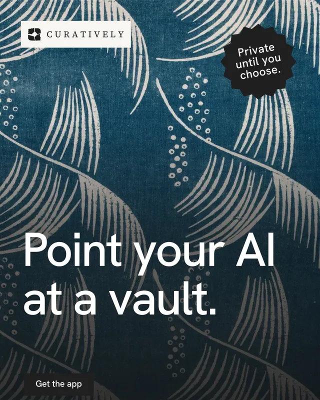 Instagram portrait post for Curatively: "Point your AI at a vault." Swiss style, sticker layout, dark palette in blue, grey.