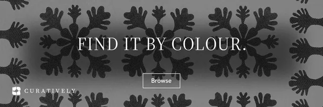 X header for Curatively: "Find it by colour." Editorial style, centred layout, dark palette in grey, black.