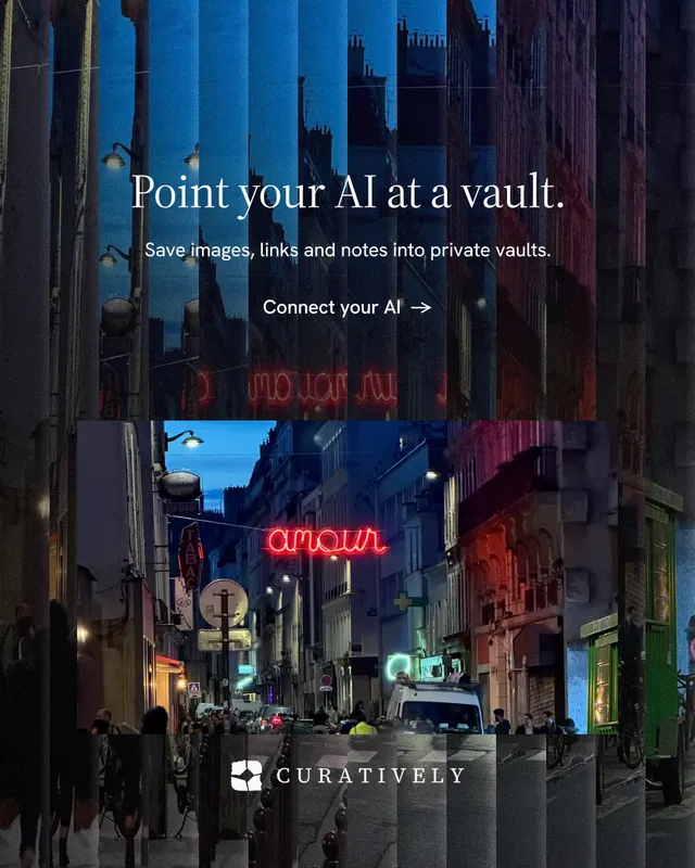 Instagram portrait post for Curatively: "Point your AI at a vault." Minimal luxury style, centred layout, dark palette in black, blue.