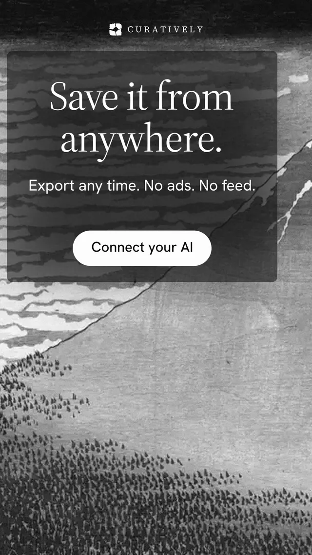 Instagram story for Curatively: "Save it from anywhere." Photo poster style, skeleton layout, dark palette in grey, black.