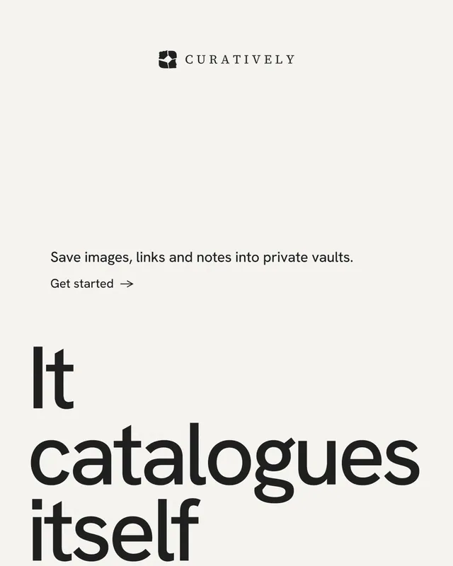 Instagram portrait post for Curatively: "Keep what catches your eye." Minimal luxury style, oversized layout, light palette in white, grey.