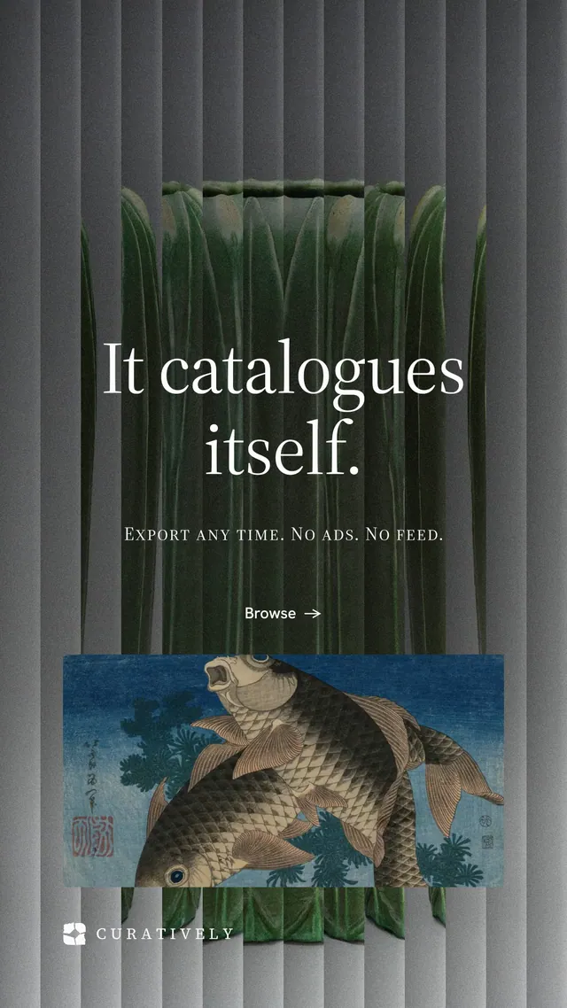 Instagram story for Curatively: "It catalogues itself." Minimal luxury style, smallcaps layout, dark palette in black, grey.