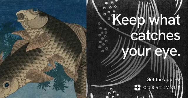 Social ad for Curatively: "Keep what catches your eye." Minimal luxury style, right layout, dark palette in black, blue, grey.