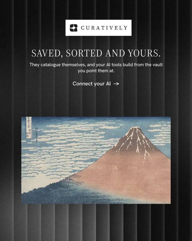 Instagram portrait post for Curatively: "Saved, sorted and yours." Minimal luxury style, centred layout, dark palette in grey, black.