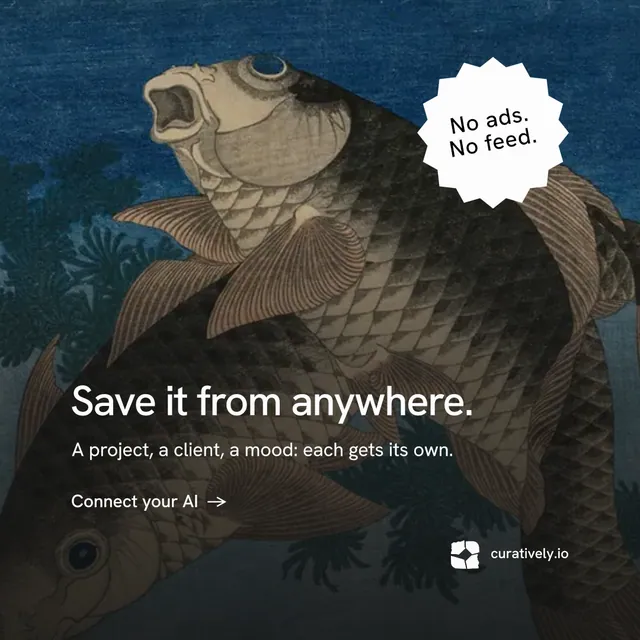 Instagram post for Curatively: "Save it from anywhere." Minimal luxury style, sticker layout, dark palette in black, blue, grey.