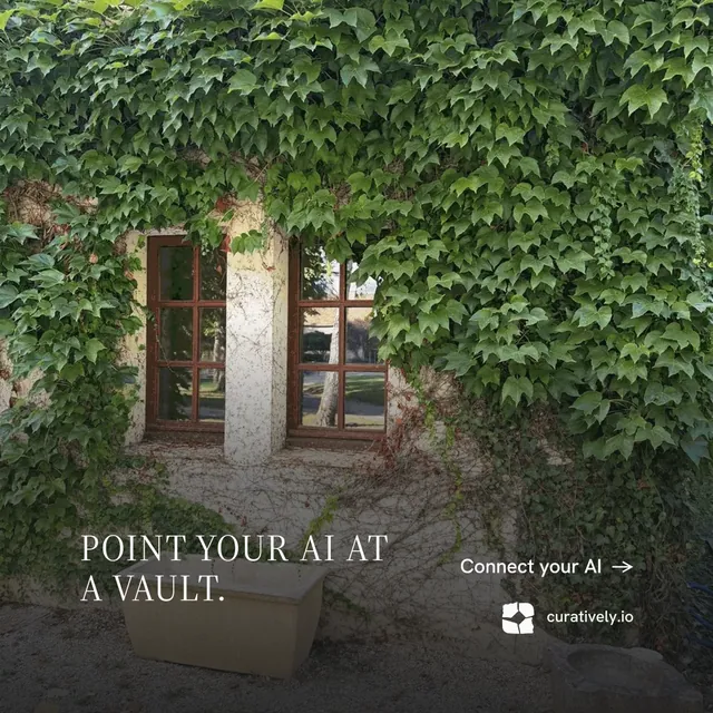 Instagram post for Curatively: "Point your AI at a vault." Editorial style, image led layout, dark palette in green, black, grey.