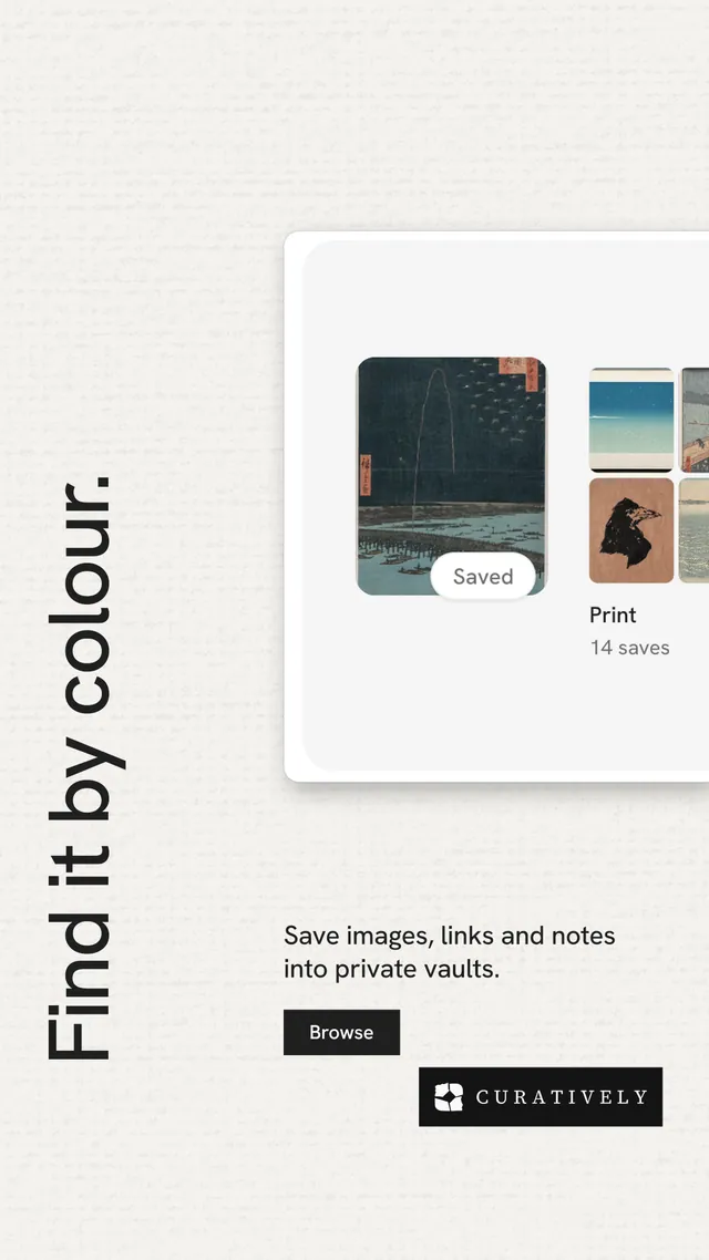 Instagram story for Curatively: "Find it by colour." Swiss style, vertical layout, light palette in white, grey.