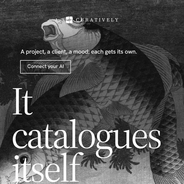 Instagram post for Curatively: "Then build from it." Editorial style, oversized layout, dark palette in black, grey.