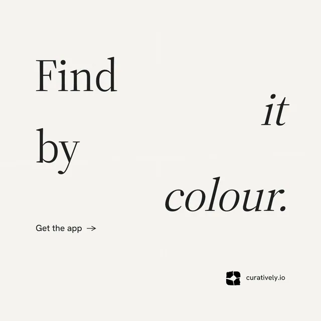 Instagram post for Curatively: "Find it by colour." Minimal luxury style, stacked layout, light palette in white.