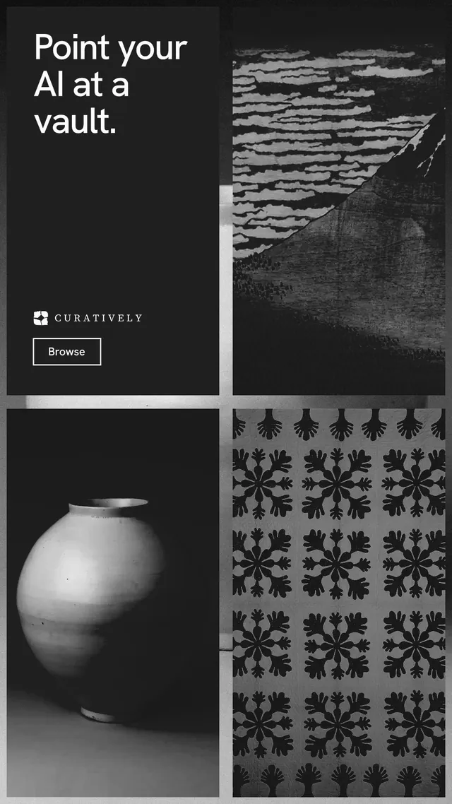 Instagram story for Curatively: "Point your AI at a vault." Editorial style, collage layout, dark palette in grey, black.