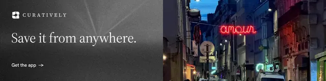 LinkedIn banner for Curatively: "Save it from anywhere." Minimal luxury style, bottom layout, dark palette in black, blue, grey.