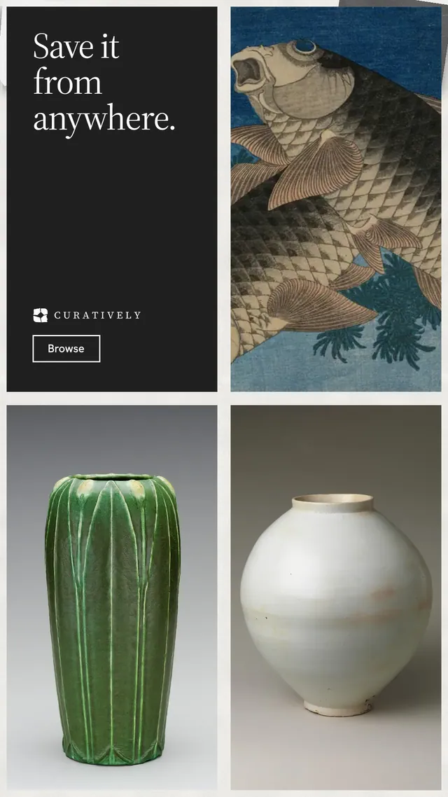 Instagram story for Curatively: "Save it from anywhere." Editorial style, collage layout, light palette in black, grey, white.